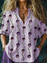 Frauen Alzheimer-Bewusstsein Lila Blumen bedruckt O-Ausschnitt Baumwolle Leinen bequemes langärmliges Hemd